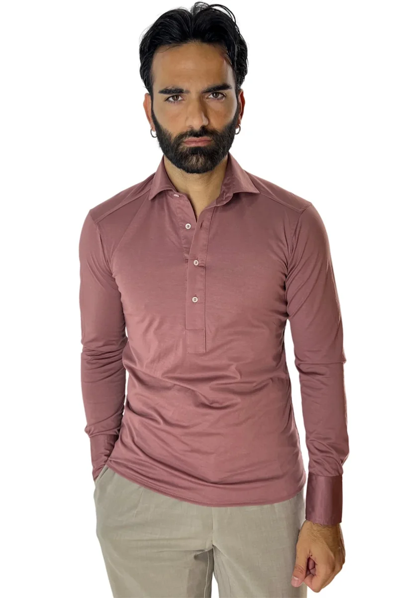 Polo camicia da uomo rosa antico manica lunga in filo di scozia 100% made in italy - immagine 2