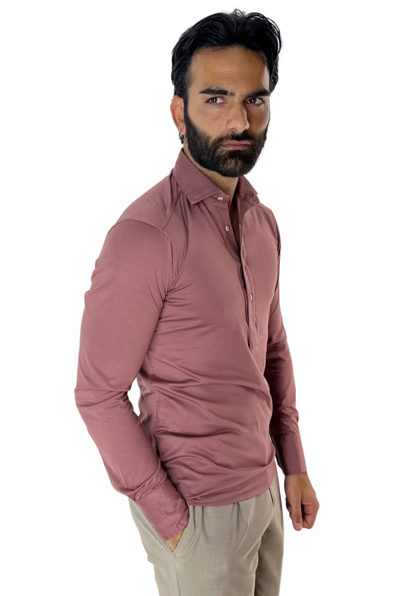Polo camicia da uomo rosa antico manica lunga in filo di scozia 100% made in italy - immagine 3