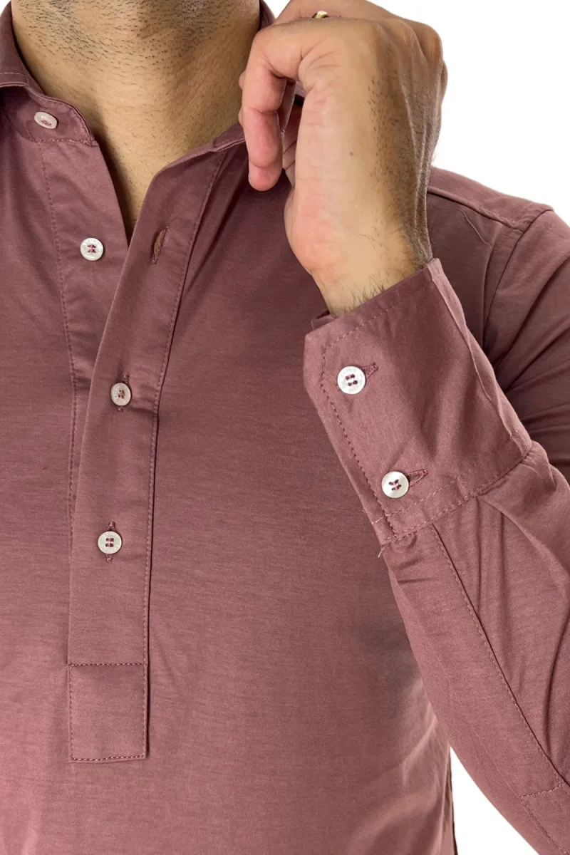 Polo camicia da uomo rosa antico manica lunga in filo di scozia 100% made in italy - immagine 5