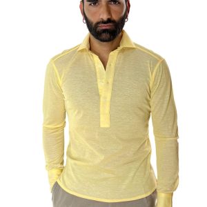 Polo camicia da uomo gialla trattamento stone wash manica lunga in piquet cotone 100% Canclini