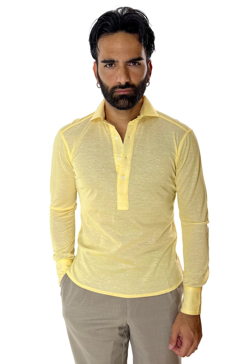 Polo camicia da uomo gialla trattamento stone wash manica lunga in piquet cotone 100% Canclini - immagine 2
