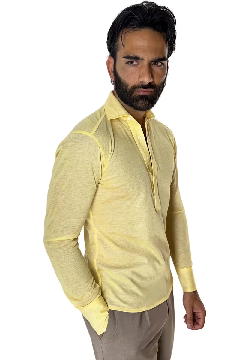 Polo camicia da uomo gialla trattamento stone wash manica lunga in piquet cotone 100% Canclini - immagine 3