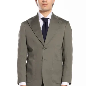 Giacca uomo monopetto verde militare  in cotone Rever largo tasche a toppe vestibilità regular fit