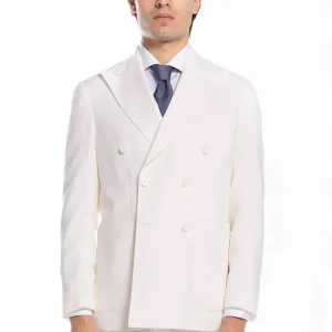 Giacca uomo doppiopetto panna in fresco lana al 100% super 130’s Rever a lancia tasche a toppe