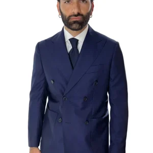 Giacca uomo doppiopetto navy blu in fresco lana super 140’s Rever a lancia tasche a toppe Holland & Sherry