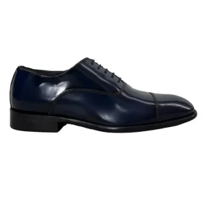 Scarpe stringate da uomo navy blu modello oxford in vera pelle con chiusura lacci e suola in cuoio