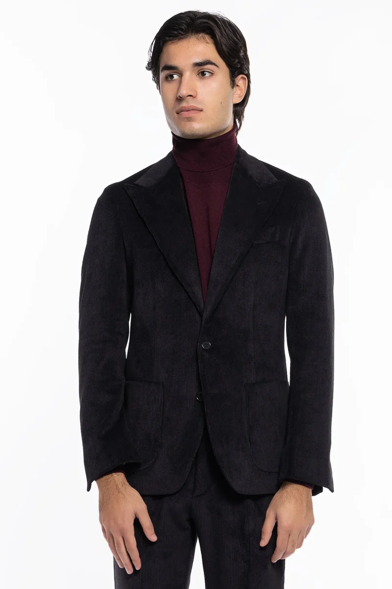 Abito uomo monopetto nera in velluto a costine strette Rever a lancia tasche a toppe