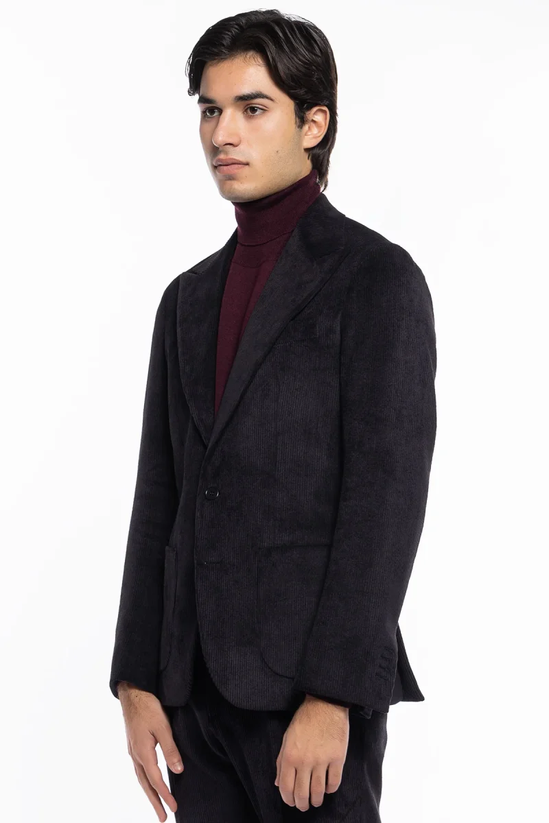 Abito uomo monopetto nera in velluto a costine strette Rever a lancia tasche a toppe - immagine 4