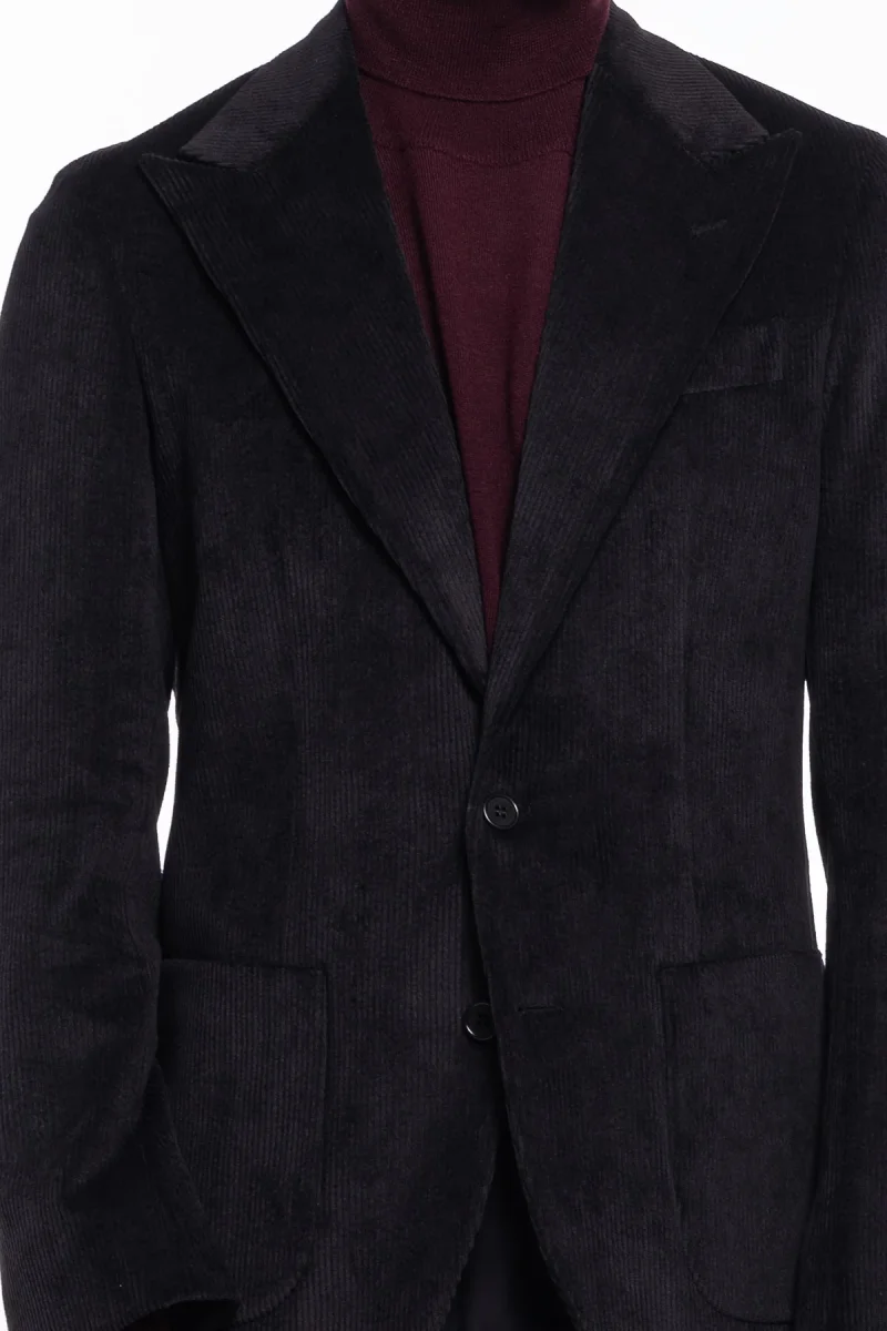 Abito uomo monopetto nera in velluto a costine strette Rever a lancia tasche a toppe - immagine 6