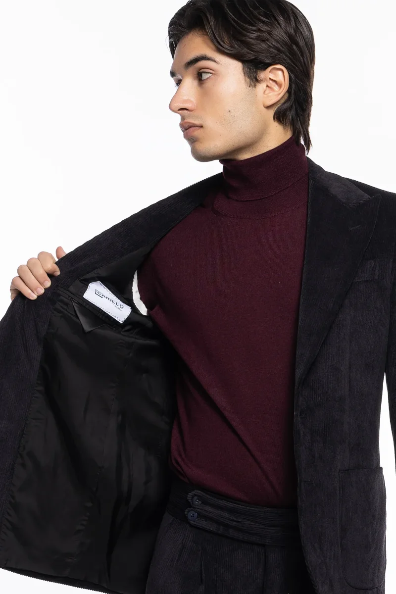 Abito uomo monopetto nera in velluto a costine strette Rever a lancia tasche a toppe - immagine 7