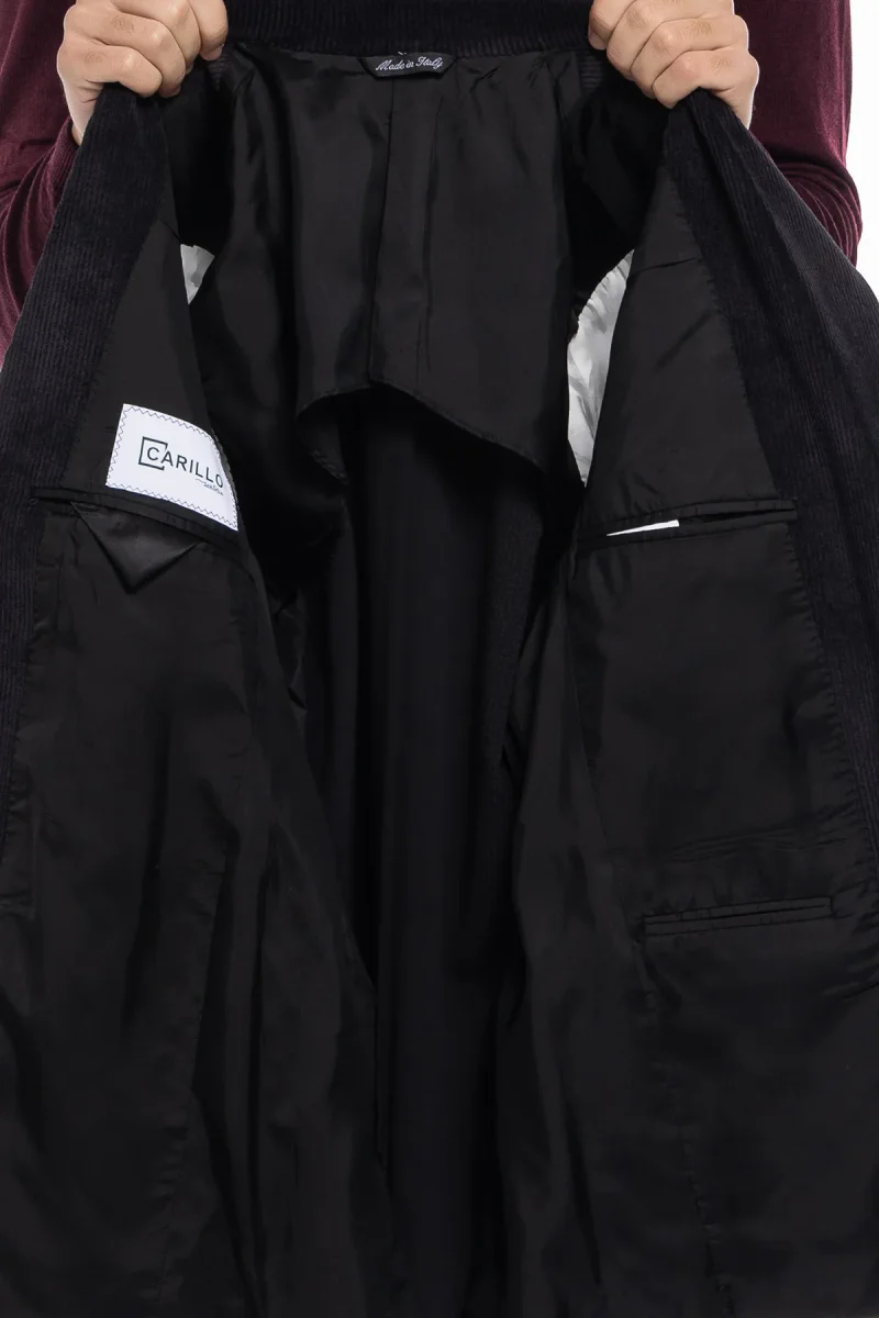 Abito uomo monopetto nera in velluto a costine strette Rever a lancia tasche a toppe - immagine 8