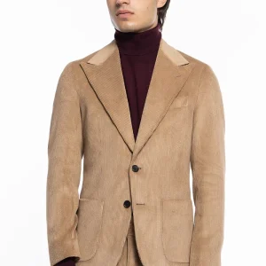 Giacca uomo monopetto beige in velluto a costine strette Rever a lancia tasche a toppe