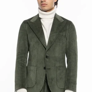 Giacca uomo monopetto verde militare in velluto a costine strette Rever a lancia tasche a toppe