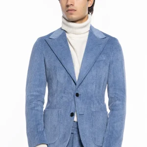 Abito uomo monopetto celeste in velluto a costine strette Rever a lancia tasche a toppe