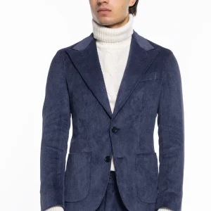 Giacca uomo monopetto color denim in velluto a costine strette Rever a lancia tasche a toppe