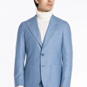 Abito uomo monopetto celeste spigata in pura lana Rever a lancia e tasche a toppe Holland & Sherry