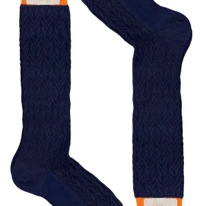 Calzini uomo lunghi navy blu in lana fantasia geometrica a rilievo con elastico arancio made in italy