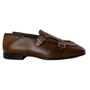Mocassini uomo marroni in vera pelle con doppia fibbia e suola in cuoio made in italy