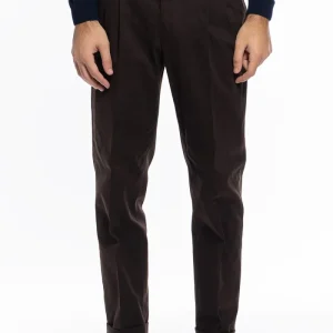 Pantalone uomo marrone vita alta tasca america in cotone con doppia pinces e fibbie laterali