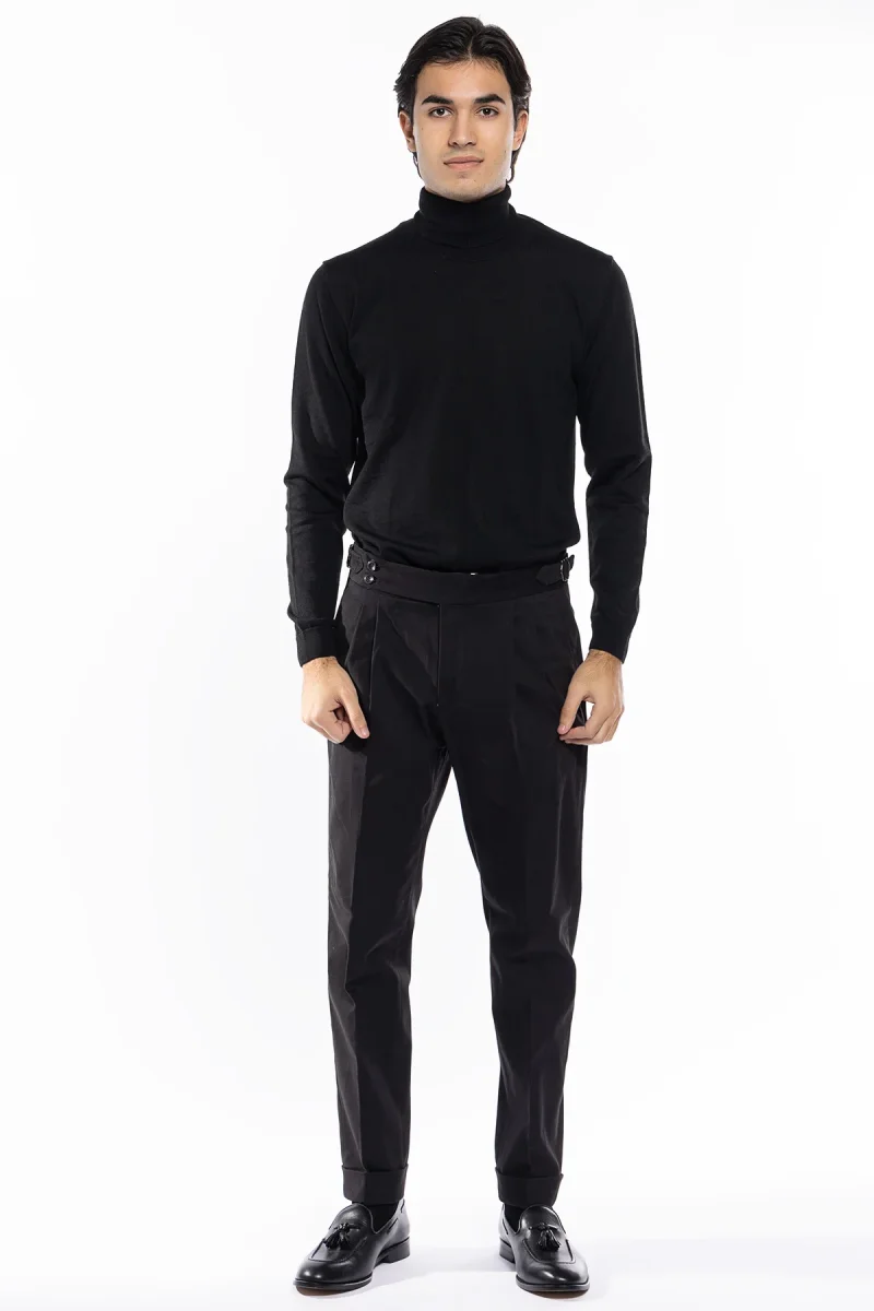 Pantalone uomo nero vita alta tasca america in cotone con doppia pinces e fibbie laterali - immagine 3