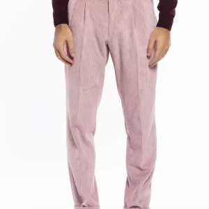 Pantalone uomo rosa vita alta biforcato doppia pinces in velluto a costine strette