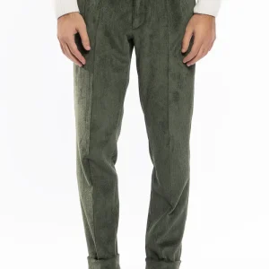 Pantalone uomo verde militare vita alta biforcato doppia pinces in velluto a costine strette