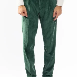 Pantalone uomo verde Bottiglia vita alta biforcato doppia pinces in velluto a costine strette