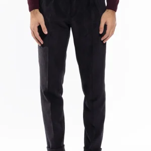 Pantalone uomo nero vita alta biforcato doppia pinces in velluto a costine strette