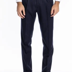 Pantalone uomo Navy blu chiusura prolungata doppia pinces in lana flanella al 100% Vitale Barberis Canonico