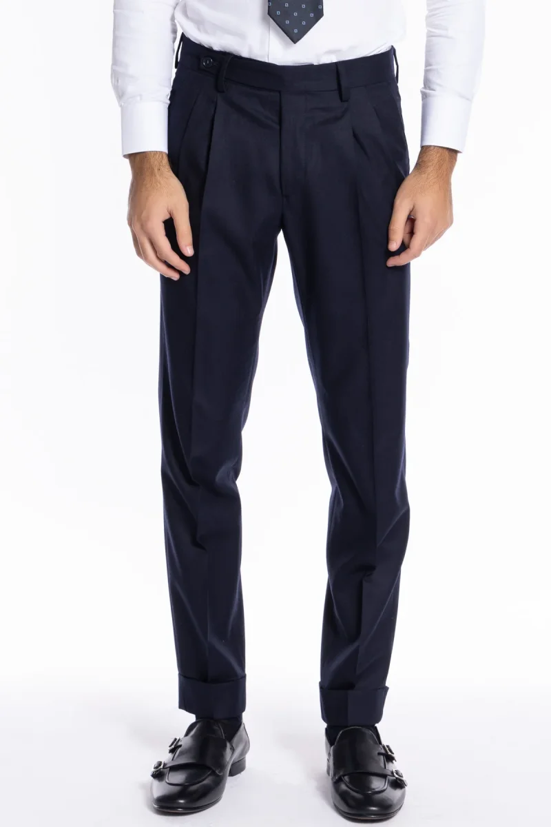 Pantalone uomo Navy blu chiusura prolungata doppia pinces in lana flanella al 100% Vitale Barberis Canonico - immagine 2