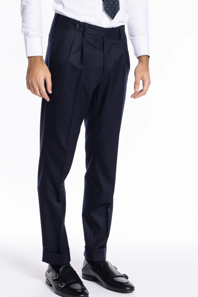 Pantalone uomo Navy blu chiusura prolungata doppia pinces in lana flanella al 100% Vitale Barberis Canonico - immagine 4