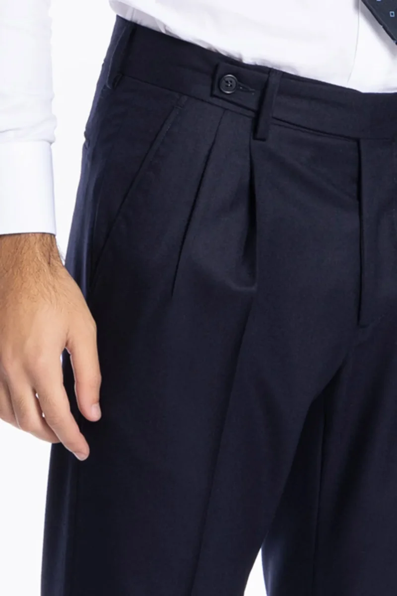 Pantalone uomo Navy blu chiusura prolungata doppia pinces in lana flanella al 100% Vitale Barberis Canonico - immagine 6
