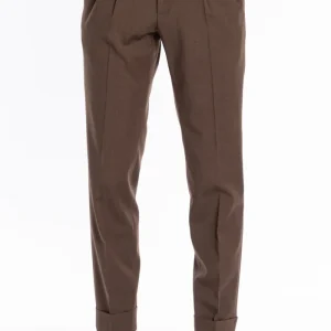 Pantalone uomo Marrone in fresco lana mista chiusura prolungata doppia pinces