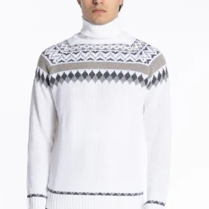 Maglione da uomo collo alto bianco fantasia jacquard bianca e grigia maniche lunghe