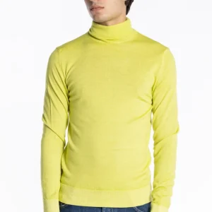 Maglione da uomo collo alto giallo lime lana merinos effetto stone wash maniche lunghe
