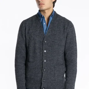 Cardigan da uomo in in lana mista grigio 6 bottoni maniche lunghe con taschini