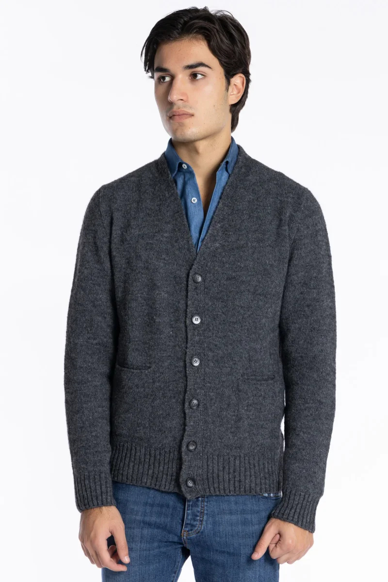 Cardigan da uomo in in lana mista grigio 6 bottoni maniche lunghe con taschini
