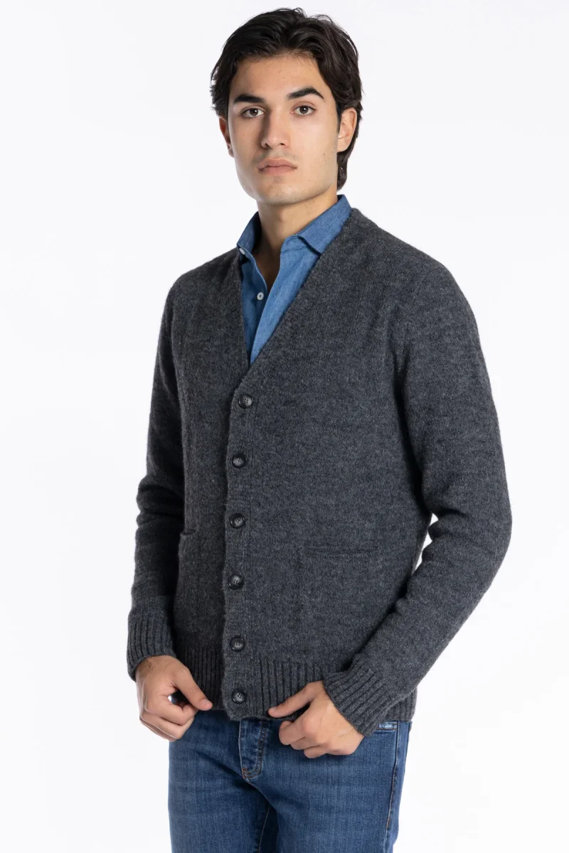 Cardigan da uomo in in lana mista grigio 6 bottoni maniche lunghe con taschini - immagine 3