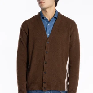 Cardigan da uomo in in lana mista marrone con fasce bianche laterali e dietro i polsi 6 bottoni