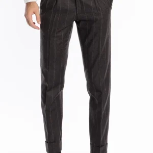 Pantalone uomo marrone gessato vita alta tasca america in lana flanella Vitale Barberis Canonico con doppia pinces e fibbie laterali regolabili