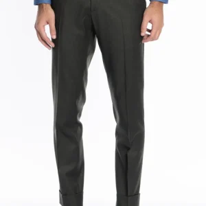 Pantalone uomo verde militare tasca america in lana e cashmere Bristol Tessuti Napoli slim fit con risvolto di 5cm