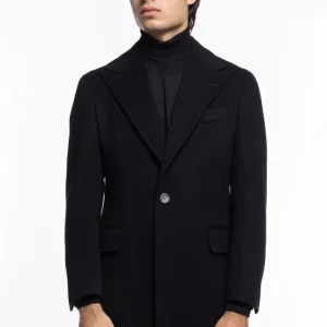 Cappotto uomo nero monopetto in lana e cashmere Bristol Tessuti Napoli rever 13cm con martingala