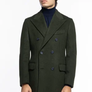Cappotto uomo verde militare doppiopetto 6 bottoni con martingala sul retro e polsi con due bottoni