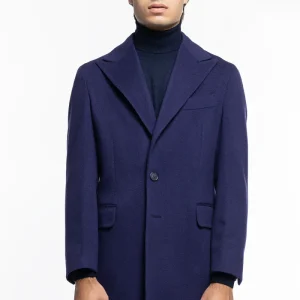 Cappotto uomo royal blu monopetto in lana e cashmere Bristol Tessuti Napoli rever 13cm con martingala