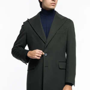Cappotto uomo verde militare monopetto in lana e cashmere Bristol Tessuti Napoli rever 13cm con martingala