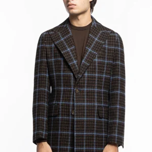 Cappotto uomo monopetto marrone fantasia pied de poule celeste in pura lana Holland & Sherry