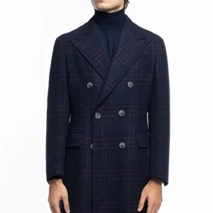 Cappotto uomo blu fantasia galles doppiopetto in pura lana Vitale Barberis Canonico rever 13cm con martingala