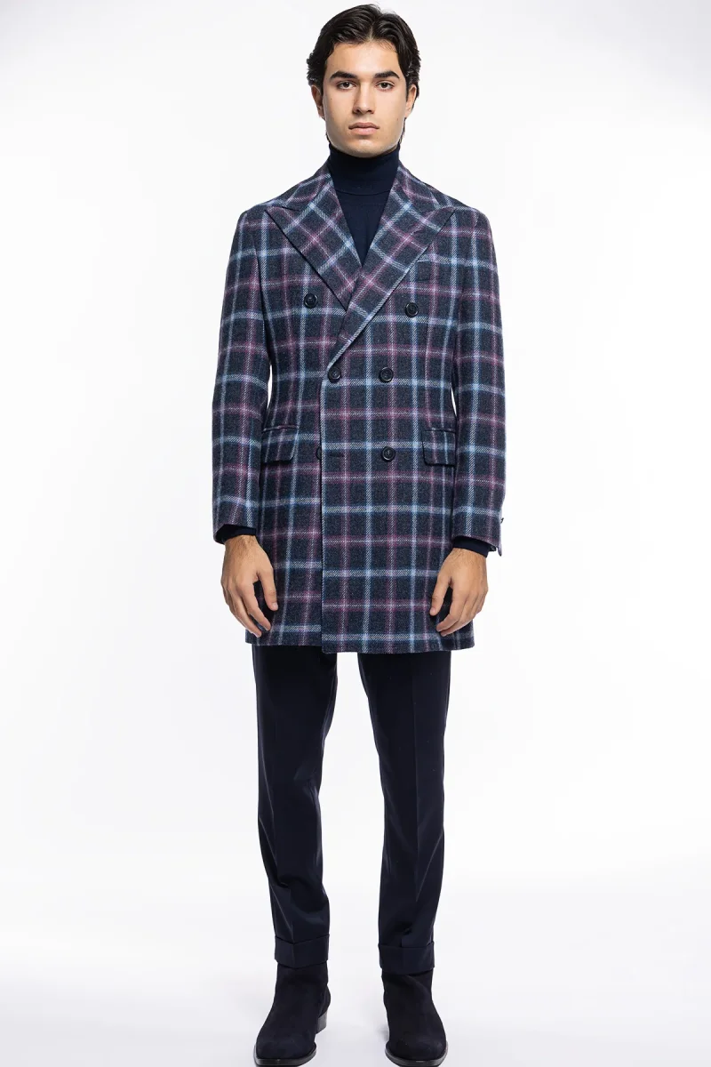 Cappotto uomo blu fantasia quadri doppiopetto in pura lana Holland & Sherry rever 13cm con martingala - immagine 3