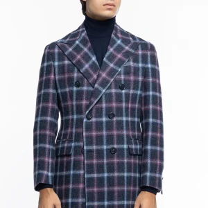 Cappotto uomo blu fantasia quadri doppiopetto in pura lana Holland & Sherry rever 13cm con martingala