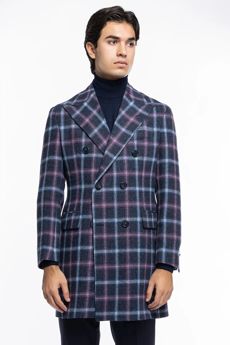 Cappotto uomo blu fantasia quadri doppiopetto in pura lana Holland & Sherry rever 13cm con martingala
